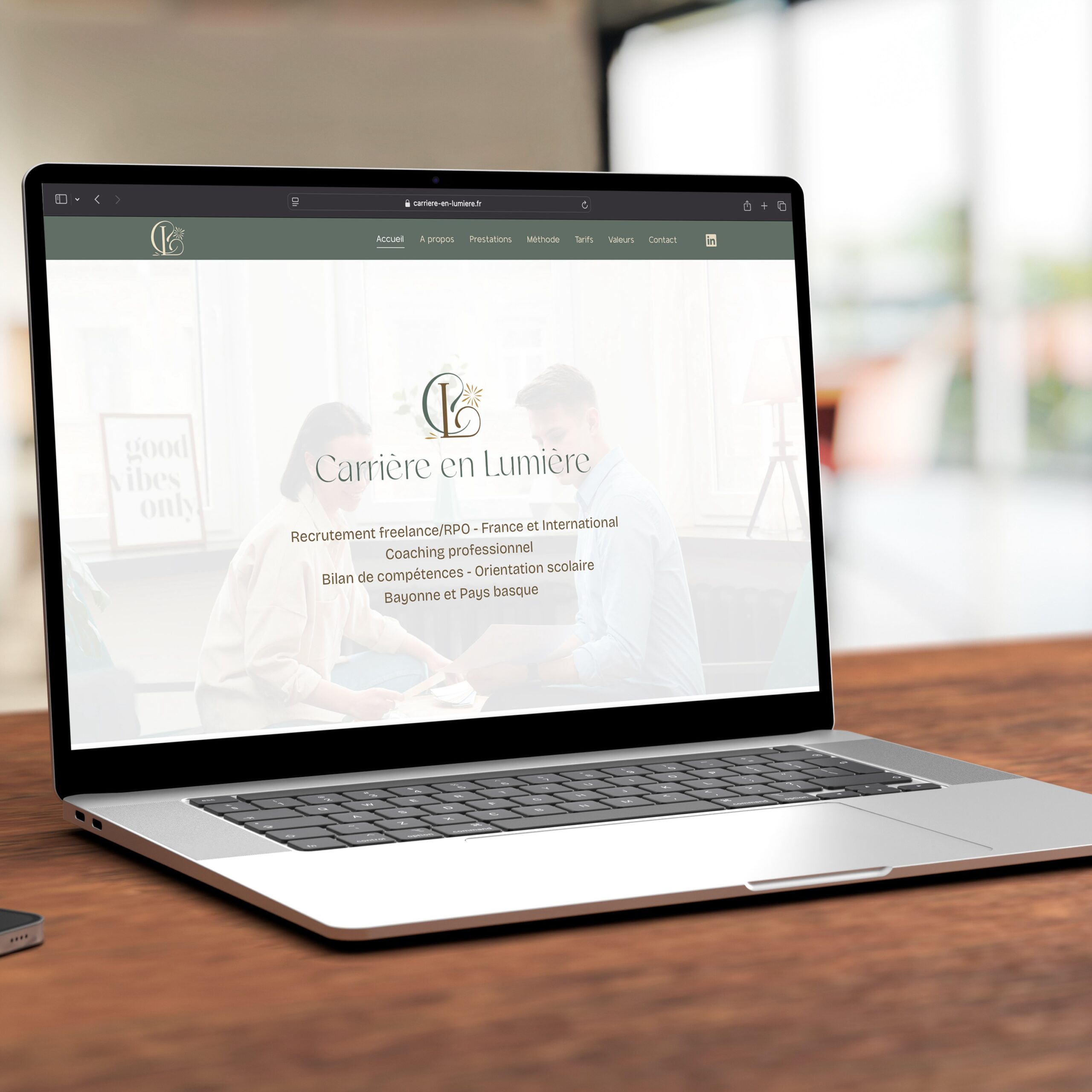 Laptop mockup isolated with transparent screen png on table with office background